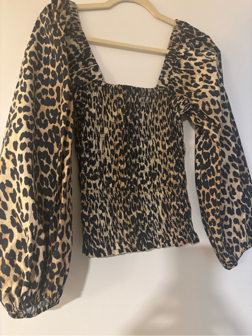 GANNI Leopard Print Smocked Puff Sleeve Top - Tan/Black